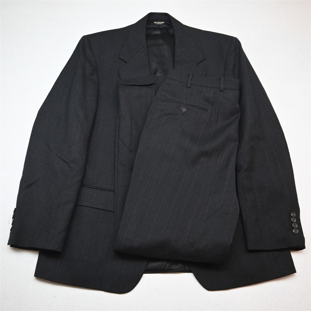 Vtg USA Made 42R 36x32 Gray 100% Wool Striped Flannel Mens Jacket Pants Suit